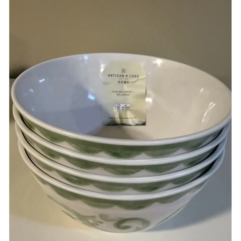 Set of 4 Artisan de Luxe GREEN ROSE SCROLL Melamine Cereal/Salad BOWL Set 6